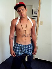 Young latino gangsta jacking off his long cock